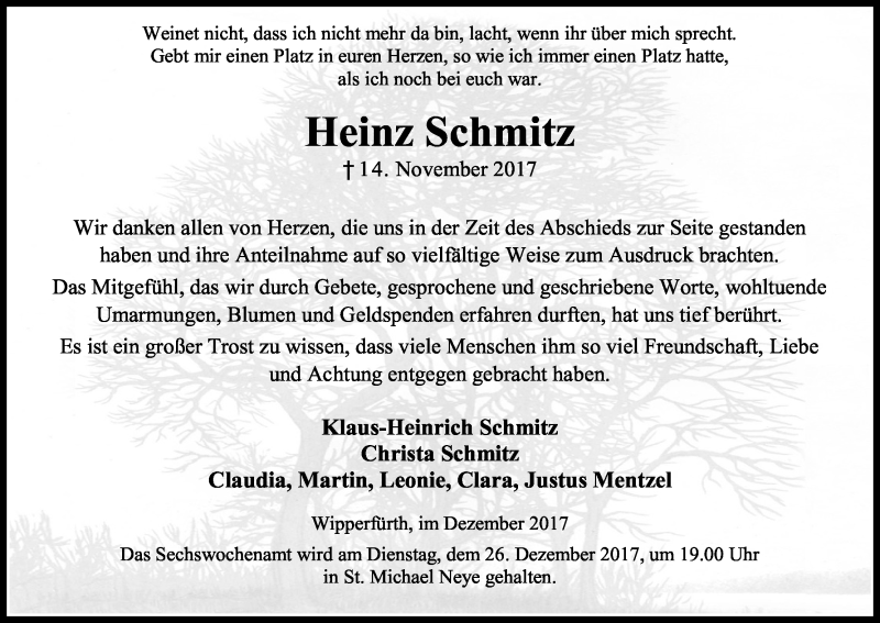  Traueranzeige für Heinz Schmitz vom 16.12.2017 aus Kölner Stadt-Anzeiger / Kölnische Rundschau / Express