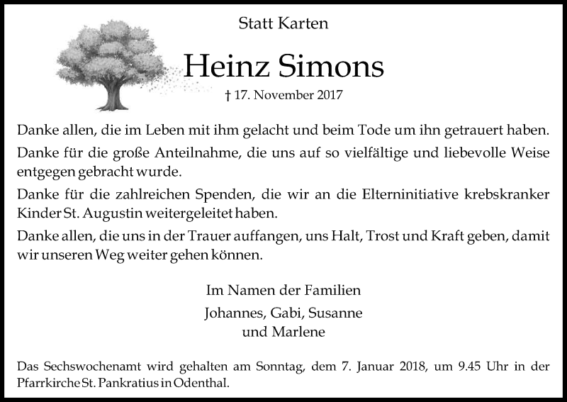  Traueranzeige für Heinz Simons vom 23.12.2017 aus Kölner Stadt-Anzeiger / Kölnische Rundschau / Express