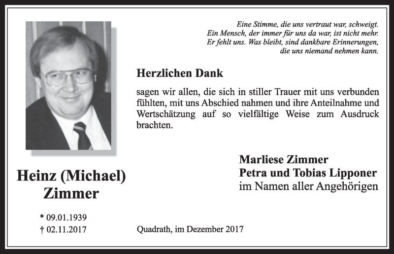  Traueranzeige für Heinz Zimmer vom 23.12.2017 aus  Sonntags-Post 