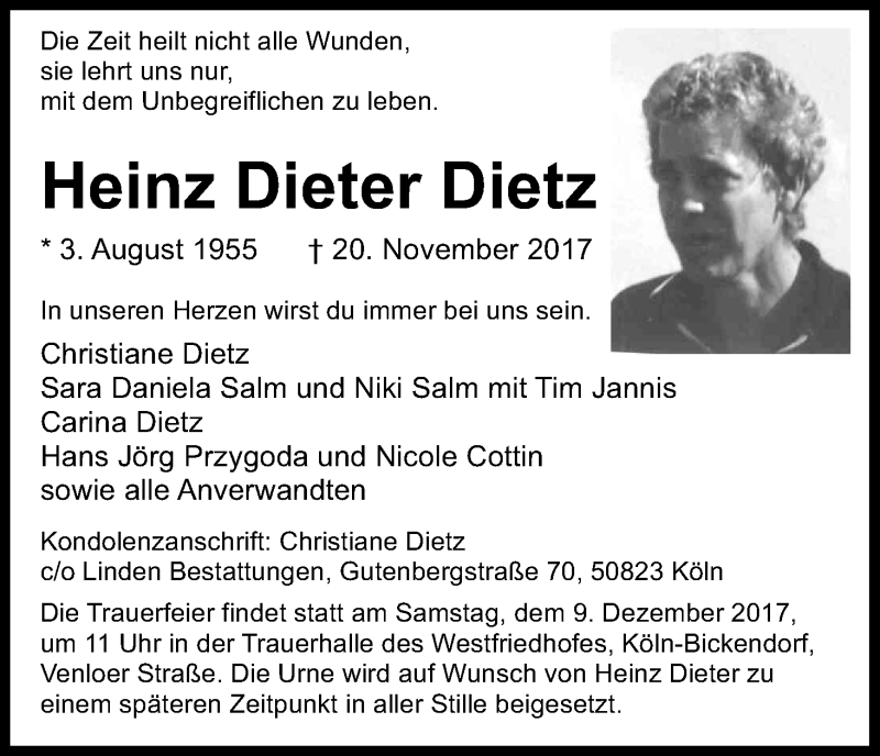  Traueranzeige für Heinz Dieter Dietz vom 02.12.2017 aus Kölner Stadt-Anzeiger / Kölnische Rundschau / Express