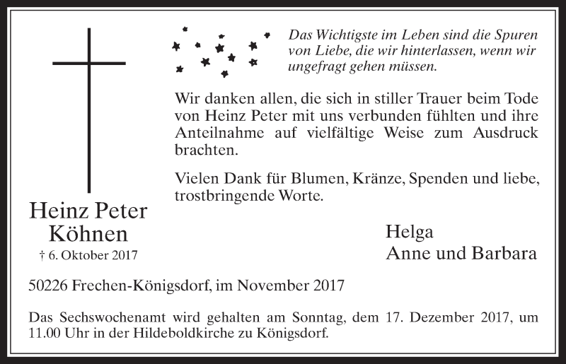 Traueranzeige für Heinz Peter Peter vom 06.12.2017 aus  Wochenende 