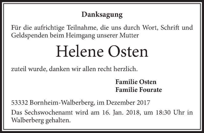  Traueranzeige für Helene Osten vom 20.12.2017 aus  Schlossbote/Werbekurier 