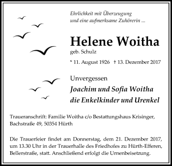 Anzeige von Helene Woitha von Kölner Stadt-Anzeiger / Kölnische Rundschau / Express