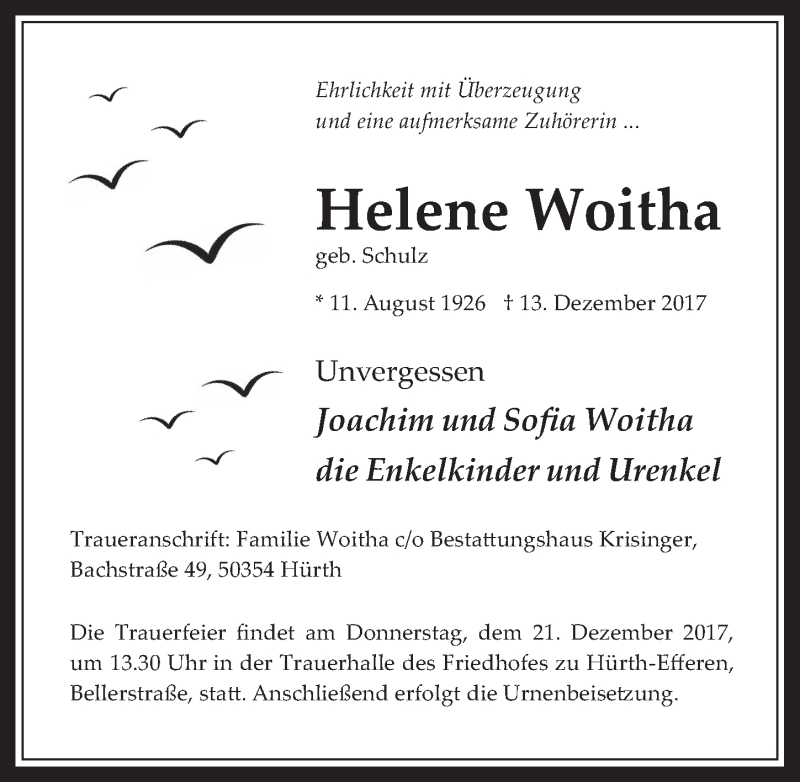  Traueranzeige für Helene Woitha vom 20.12.2017 aus  Wochenende 