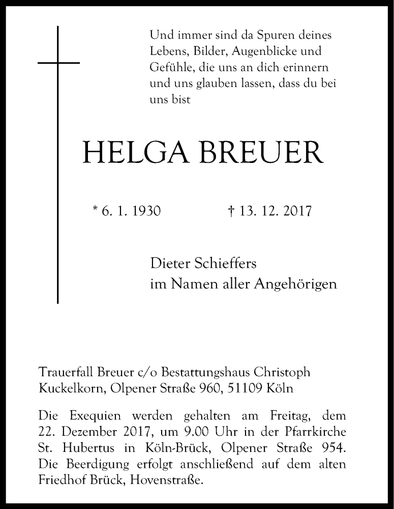  Traueranzeige für Helga Breuer vom 16.12.2017 aus Kölner Stadt-Anzeiger / Kölnische Rundschau / Express