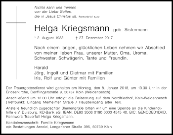 Anzeige von Helga Kriegsmann von Kölner Stadt-Anzeiger / Kölnische Rundschau / Express
