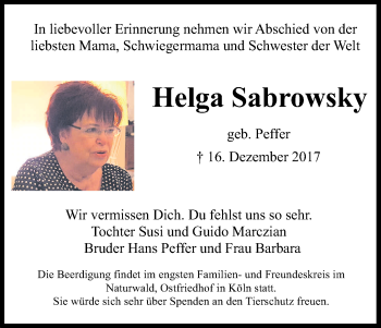 Anzeige von Helga Sabrowsky von Kölner Stadt-Anzeiger / Kölnische Rundschau / Express