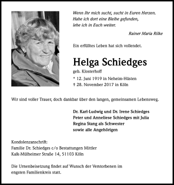 Anzeige von Helga Schiedges von Kölner Stadt-Anzeiger / Kölnische Rundschau / Express