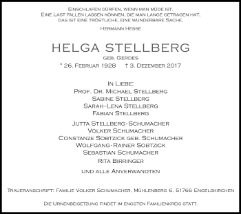 Anzeige von Helga Stellberg von Kölner Stadt-Anzeiger / Kölnische Rundschau / Express