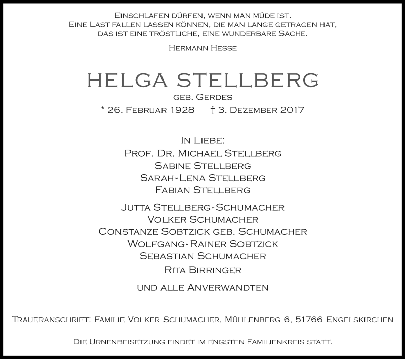  Traueranzeige für Helga Stellberg vom 06.12.2017 aus Kölner Stadt-Anzeiger / Kölnische Rundschau / Express