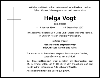 Anzeige von Helga Vogt von Kölner Stadt-Anzeiger / Kölnische Rundschau / Express