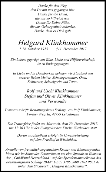 Anzeige von Helgard Klinkhammer von Kölner Stadt-Anzeiger / Kölnische Rundschau / Express