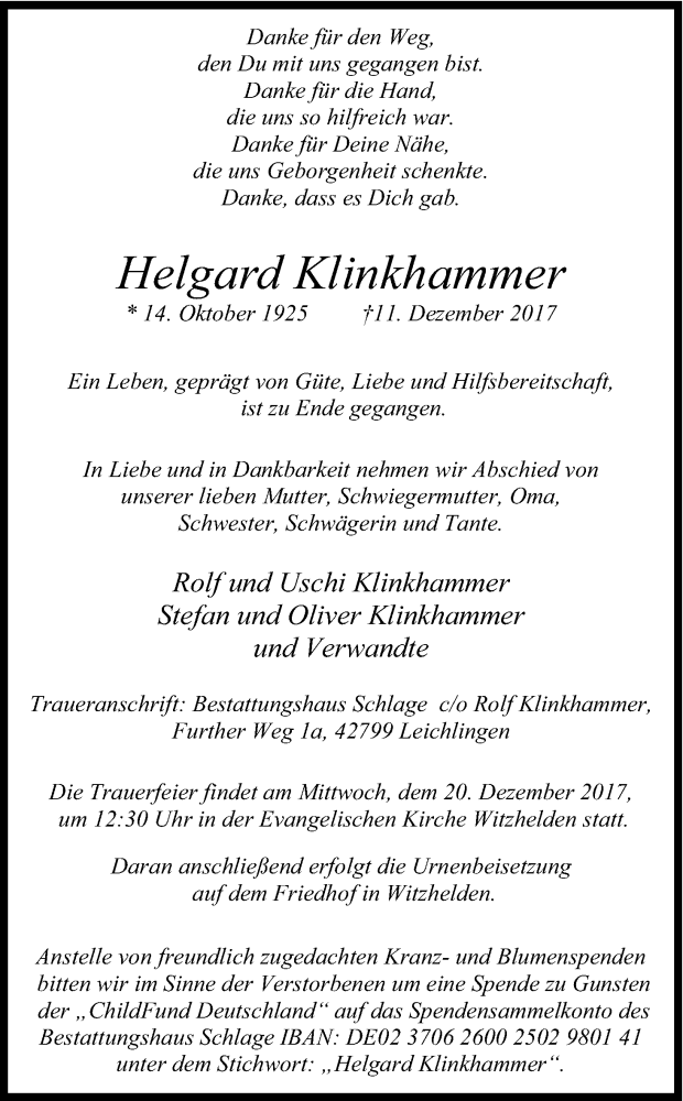  Traueranzeige für Helgard Klinkhammer vom 16.12.2017 aus Kölner Stadt-Anzeiger / Kölnische Rundschau / Express