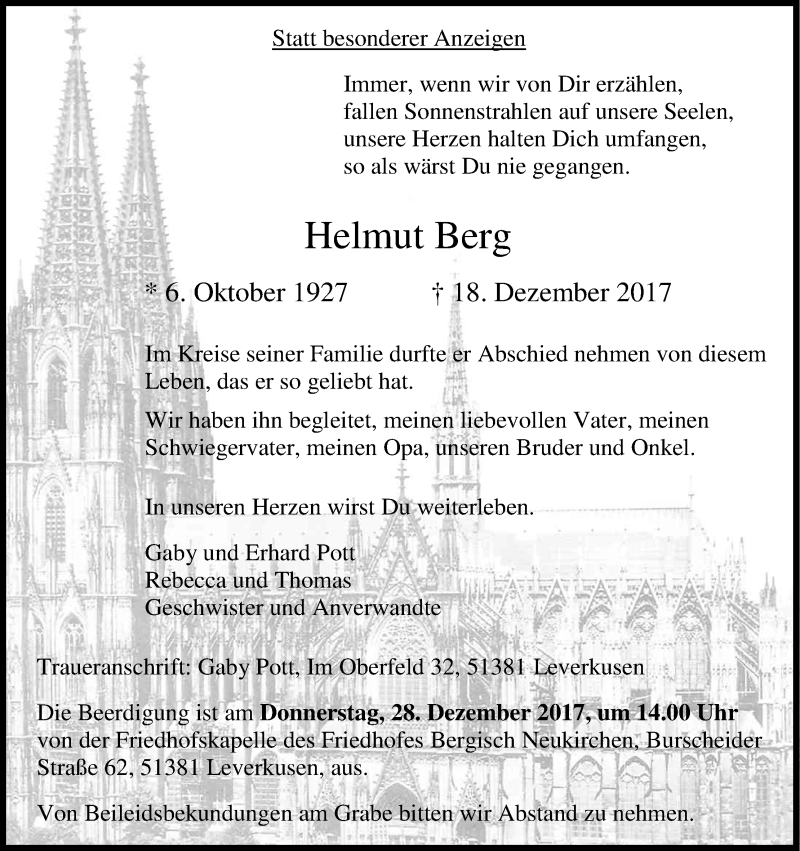  Traueranzeige für Helmut Berg vom 23.12.2017 aus Kölner Stadt-Anzeiger / Kölnische Rundschau / Express