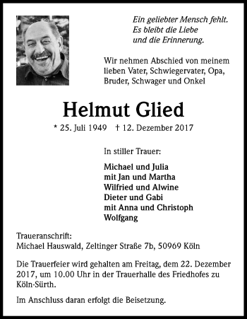 Anzeige von Helmut Glied von Kölner Stadt-Anzeiger / Kölnische Rundschau / Express