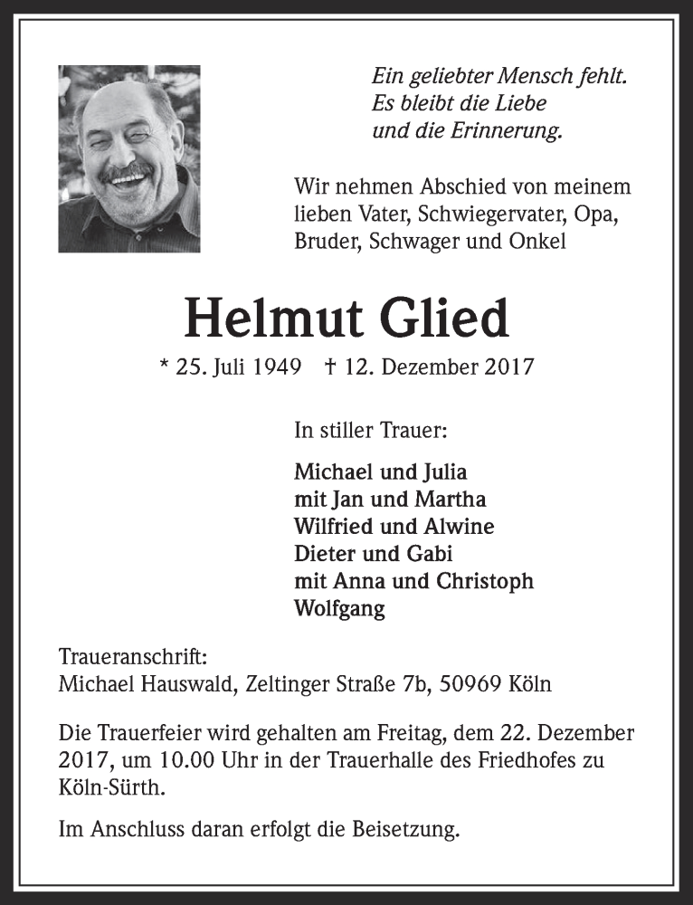  Traueranzeige für Helmut Glied vom 20.12.2017 aus  Werbepost 