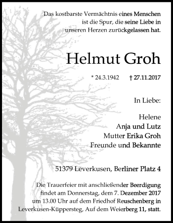 Anzeige von Helmut Groh von Kölner Stadt-Anzeiger / Kölnische Rundschau / Express