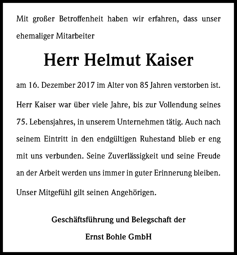  Traueranzeige für Helmut Kaiser vom 21.12.2017 aus Kölner Stadt-Anzeiger / Kölnische Rundschau / Express