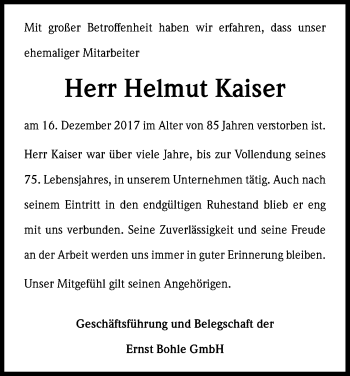 Anzeige von Helmut Kaiser von Kölner Stadt-Anzeiger / Kölnische Rundschau / Express