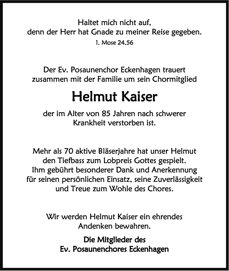  Traueranzeige für Helmut Kaiser vom 21.12.2017 aus Kölner Stadt-Anzeiger / Kölnische Rundschau / Express