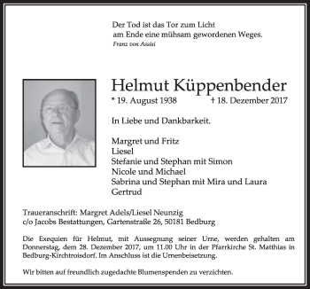 Anzeige von Helmut Küppenbender von  Sonntags-Post 