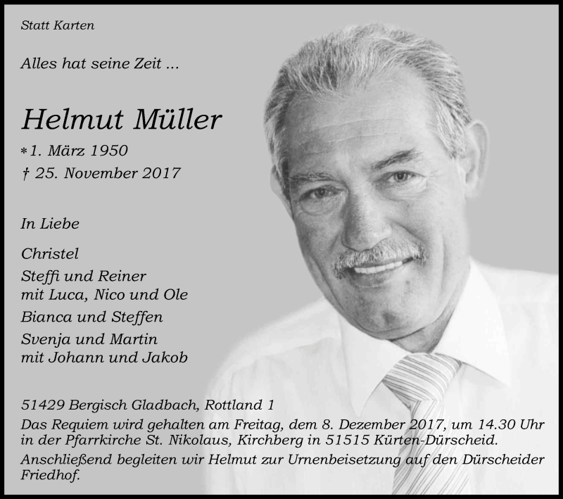  Traueranzeige für Helmut Müller vom 02.12.2017 aus Kölner Stadt-Anzeiger / Kölnische Rundschau / Express