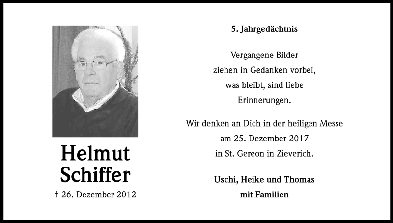  Traueranzeige für Helmut Schiffer vom 21.12.2017 aus Kölner Stadt-Anzeiger / Kölnische Rundschau / Express