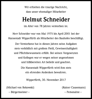 Anzeige von Helmut Schneider von Kölner Stadt-Anzeiger / Kölnische Rundschau / Express