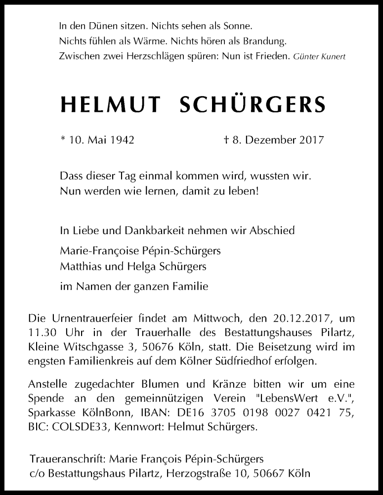  Traueranzeige für Helmut Schürgers vom 15.12.2017 aus Kölner Stadt-Anzeiger / Kölnische Rundschau / Express