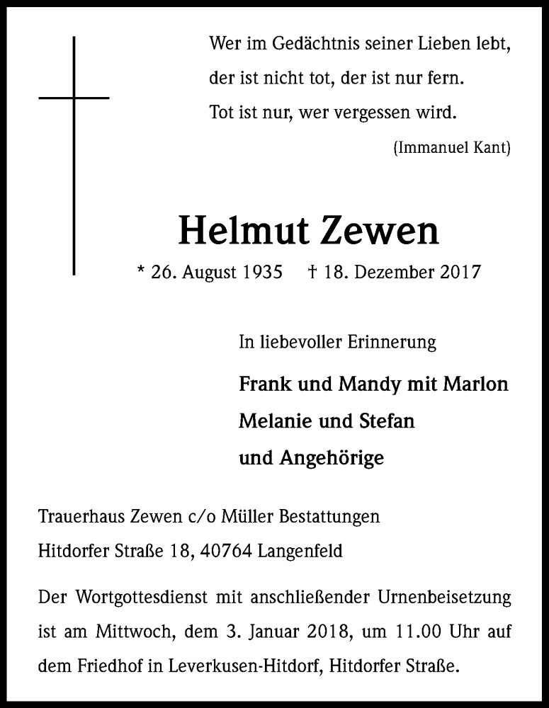  Traueranzeige für Helmut Zewen vom 30.12.2017 aus Kölner Stadt-Anzeiger / Kölnische Rundschau / Express