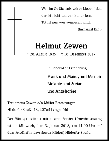 Anzeige von Helmut Zewen von Kölner Stadt-Anzeiger / Kölnische Rundschau / Express