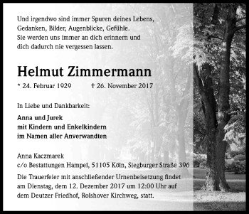 Anzeige von Helmut Zimmermann von Kölner Stadt-Anzeiger / Kölnische Rundschau / Express