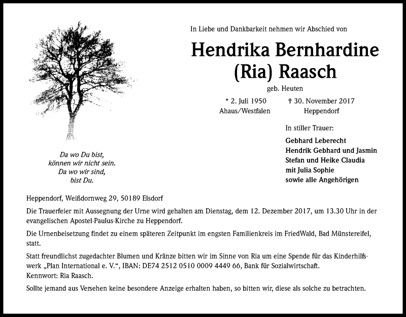  Traueranzeige für Hendrika Bernhardine Raasch vom 06.12.2017 aus Kölner Stadt-Anzeiger / Kölnische Rundschau / Express
