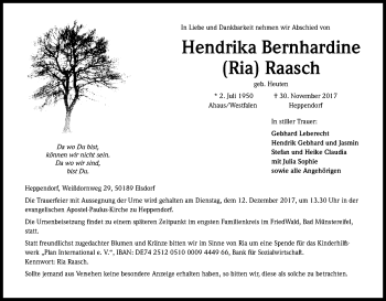 Anzeige von Hendrika Bernhardine Raasch von Kölner Stadt-Anzeiger / Kölnische Rundschau / Express