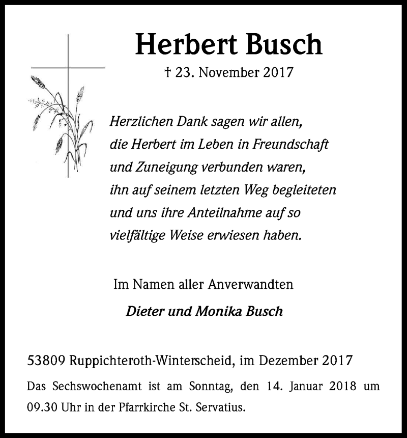  Traueranzeige für Herbert Busch vom 18.12.2017 aus Kölner Stadt-Anzeiger / Kölnische Rundschau / Express