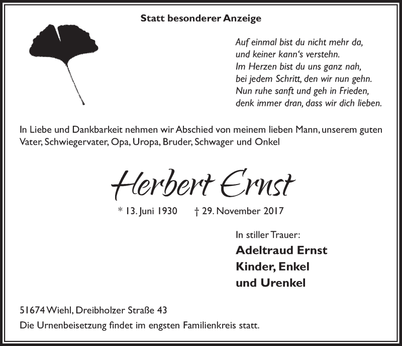  Traueranzeige für Herbert Ernst vom 06.12.2017 aus  Anzeigen Echo 