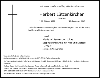 Anzeige von Herbert Lützenkirchen von Kölner Stadt-Anzeiger / Kölnische Rundschau / Express