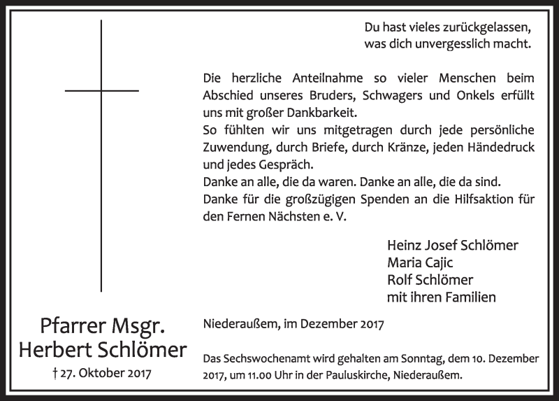  Traueranzeige für Herbert Schlömer vom 02.12.2017 aus  Sonntags-Post 