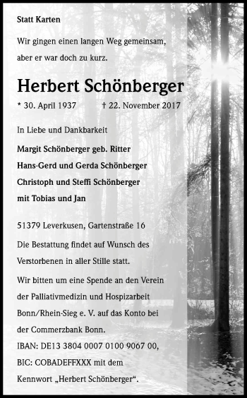 Anzeige von Herbert Schönberger von Kölner Stadt-Anzeiger / Kölnische Rundschau / Express