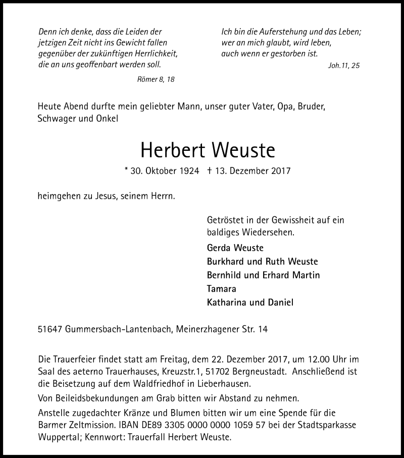  Traueranzeige für Herbert Weuste vom 16.12.2017 aus Kölner Stadt-Anzeiger / Kölnische Rundschau / Express