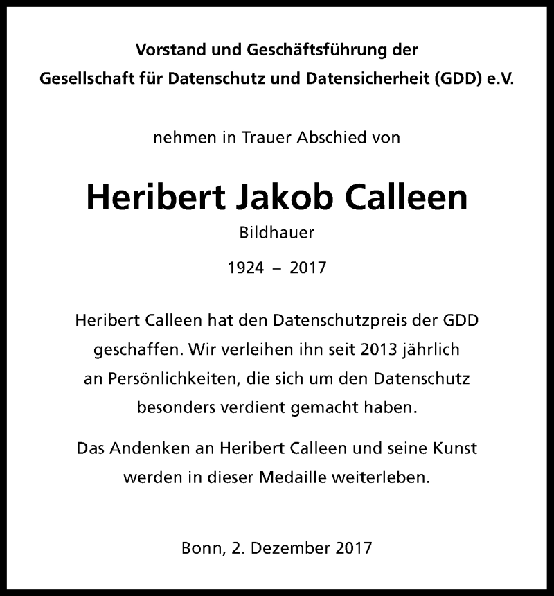  Traueranzeige für Heribert Jakob Calleen vom 02.12.2017 aus Kölner Stadt-Anzeiger / Kölnische Rundschau / Express
