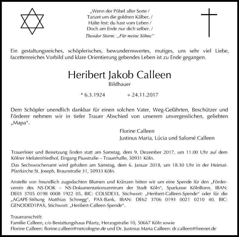  Traueranzeige für Heribert Jakob Calleen vom 02.12.2017 aus Kölner Stadt-Anzeiger / Kölnische Rundschau / Express