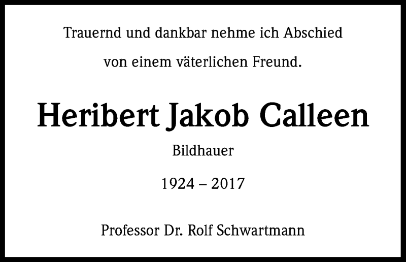  Traueranzeige für Heribert Jakob Calleen vom 02.12.2017 aus Kölner Stadt-Anzeiger / Kölnische Rundschau / Express