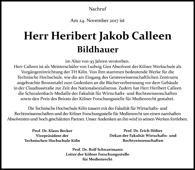  Traueranzeige für Heribert Jakob Calleen vom 02.12.2017 aus Kölner Stadt-Anzeiger / Kölnische Rundschau / Express