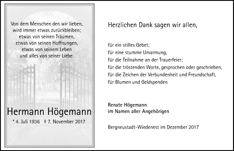  Traueranzeige für Hermann Högemann vom 13.12.2017 aus  Anzeigen Echo 