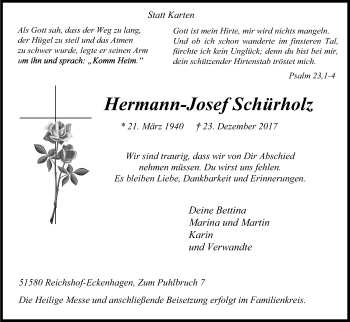 Anzeige von Hermann-Josef Schürholz von Kölner Stadt-Anzeiger / Kölnische Rundschau / Express