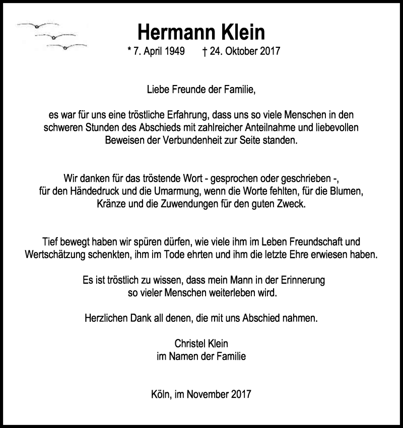  Traueranzeige für Hermann Klein vom 02.12.2017 aus Kölner Stadt-Anzeiger / Kölnische Rundschau / Express