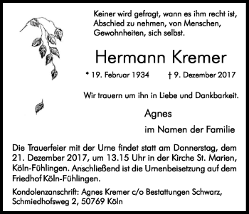 Anzeige von Hermann Kremer von Kölner Stadt-Anzeiger / Kölnische Rundschau / Express