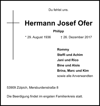 Anzeige von Hermann Josef Ofer von Kölner Stadt-Anzeiger / Kölnische Rundschau / Express