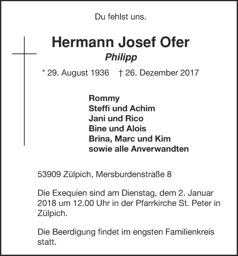  Traueranzeige für Hermann Josef Ofer vom 30.12.2017 aus  Blickpunkt Euskirchen 